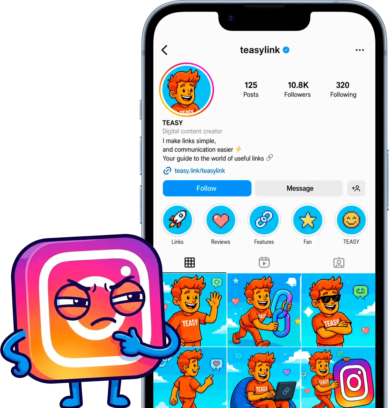 Instagram character looks at Teasy Link Instagram Profile